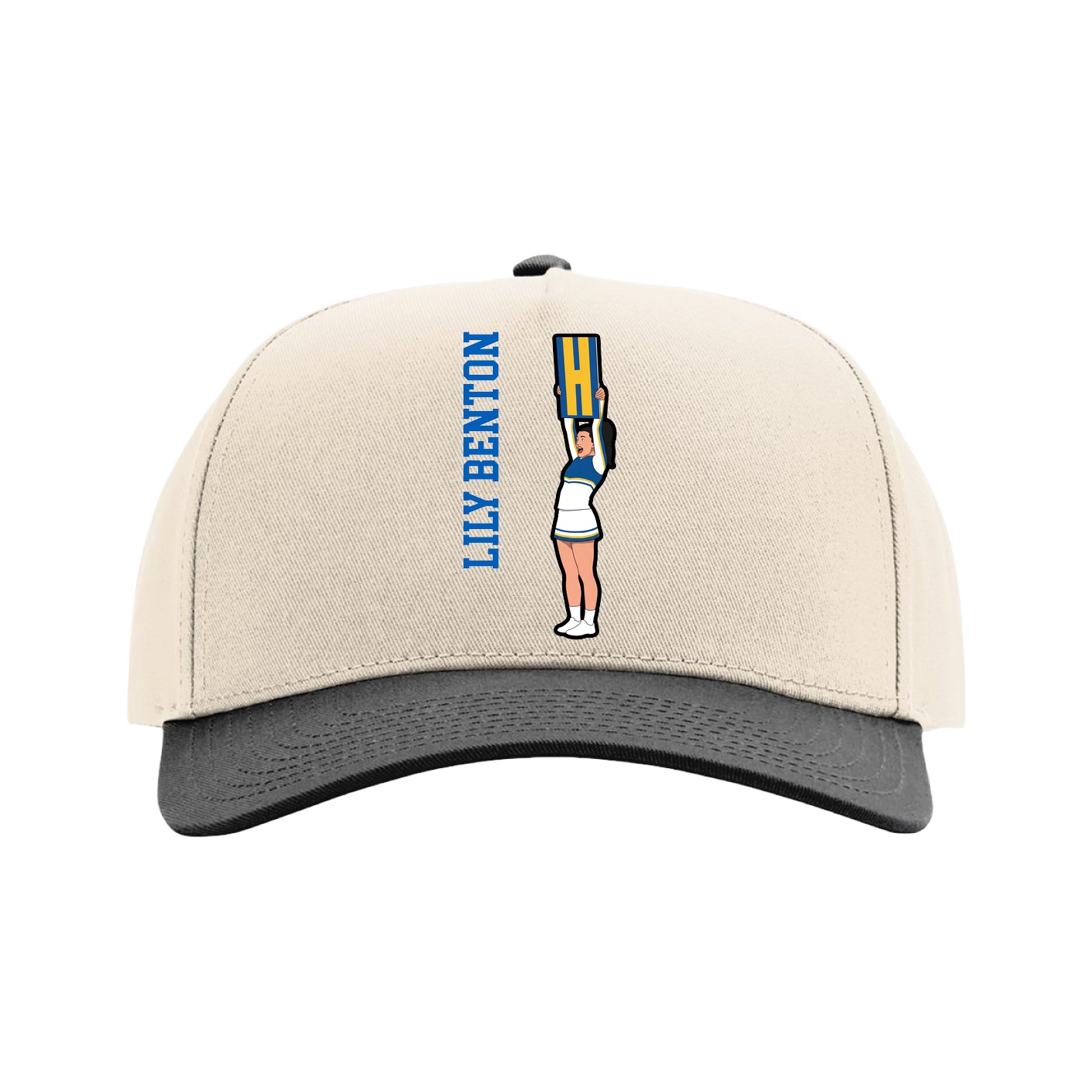 Full Fabric Five-Panel Champ Cap — Name Vertical in Cream/Black