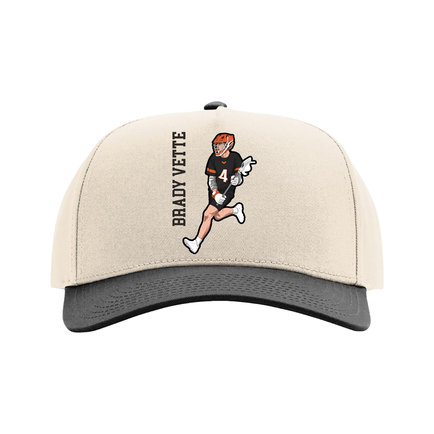 Full Fabric Five-Panel Champ Cap — Name Vertical in Cream/Black