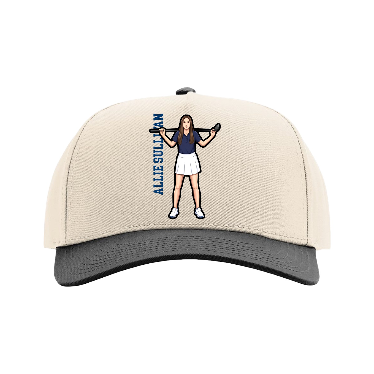 Full Fabric Five-Panel Champ Cap — Name Vertical in Cream/Black