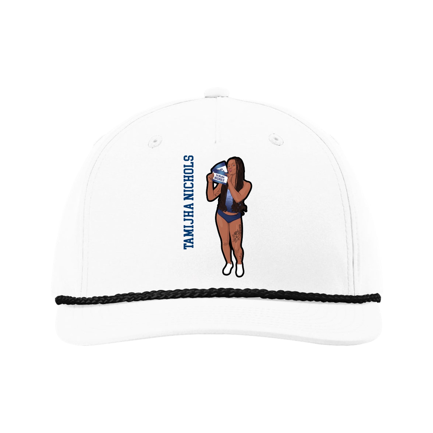 Five-Panel Classic Rope Cap — Name Vertical in White