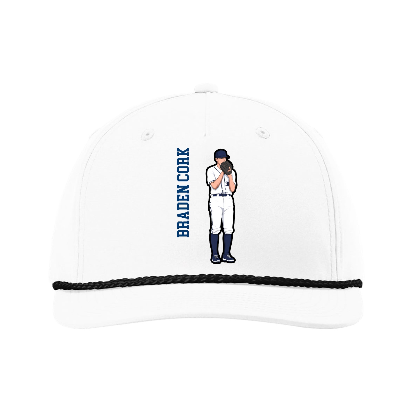 Five-Panel Classic Rope Cap — Name Vertical in White