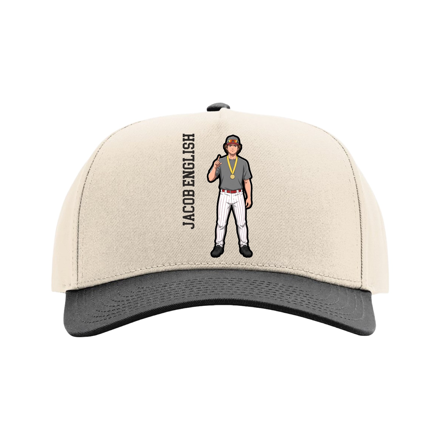 Full Fabric Five-Panel Champ Cap — Name Vertical in Cream/Black