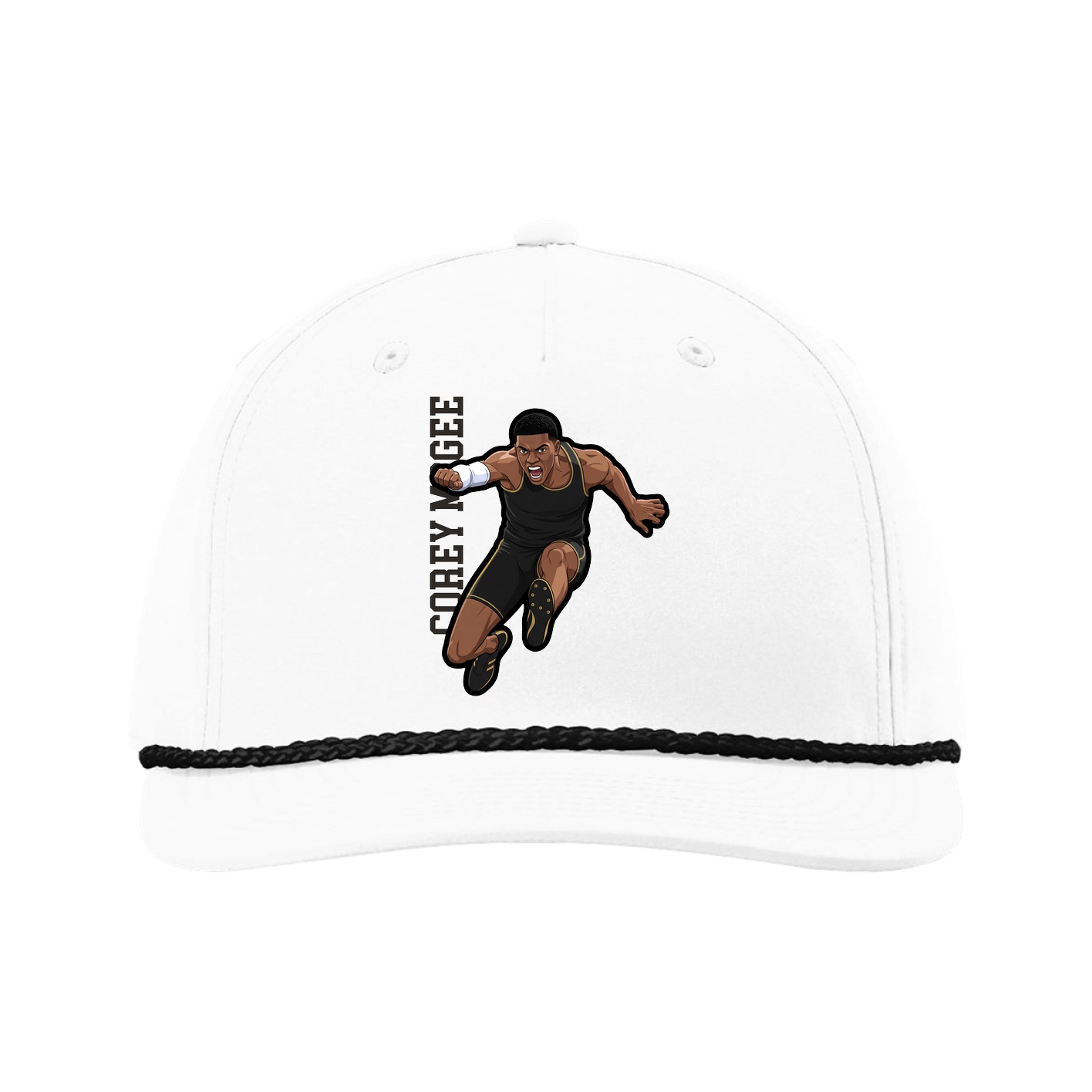 Five-Panel Classic Rope Cap — Name Vertical in White