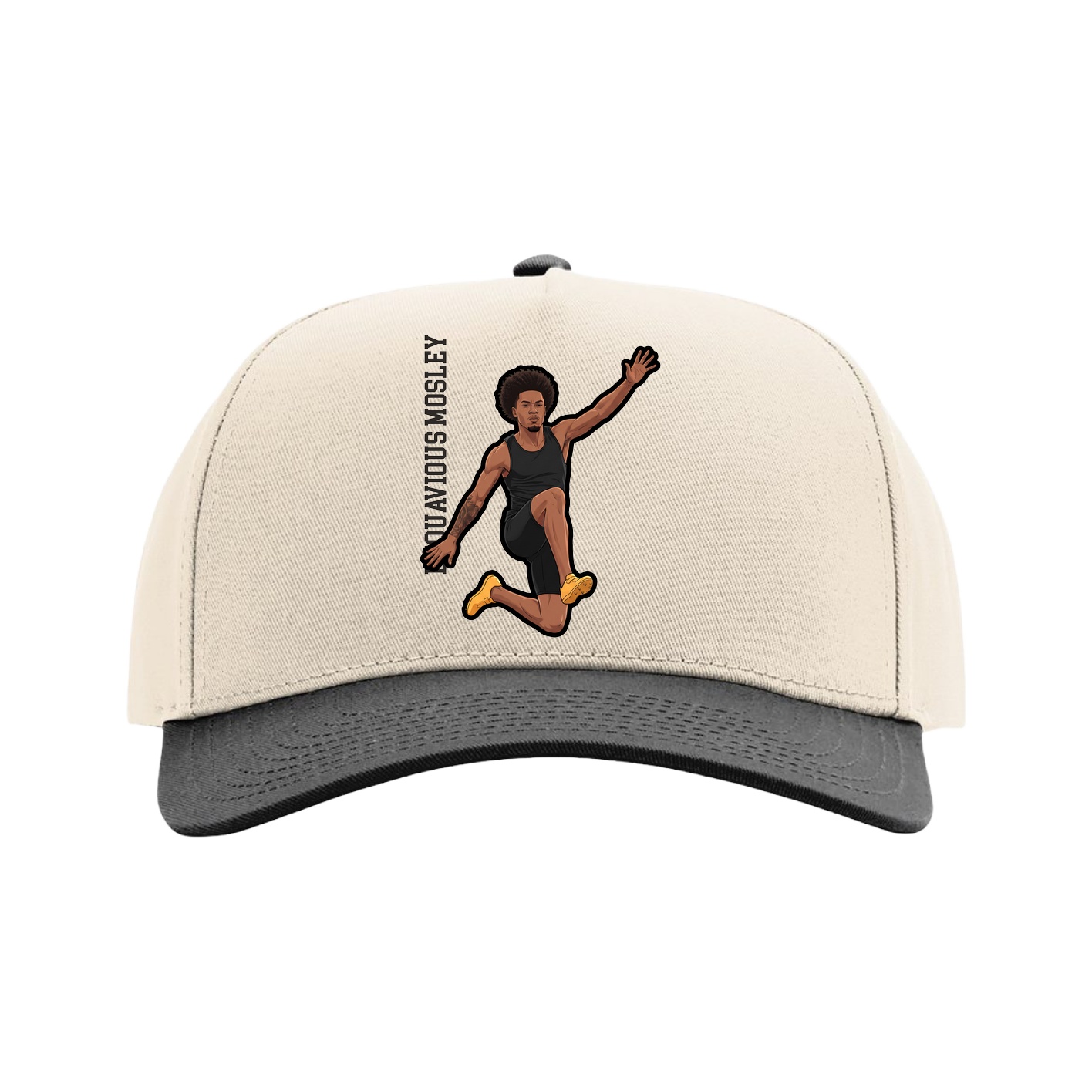 Full Fabric Five-Panel Champ Cap — Name Vertical in Cream/Black