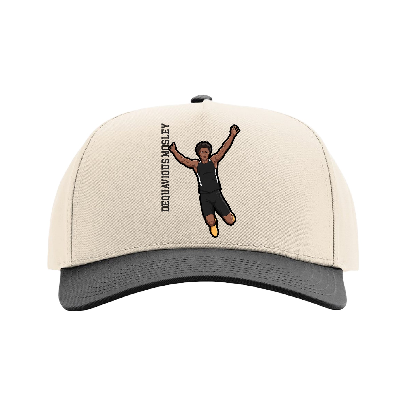 Full Fabric Five-Panel Champ Cap — Name Vertical in Cream/Black