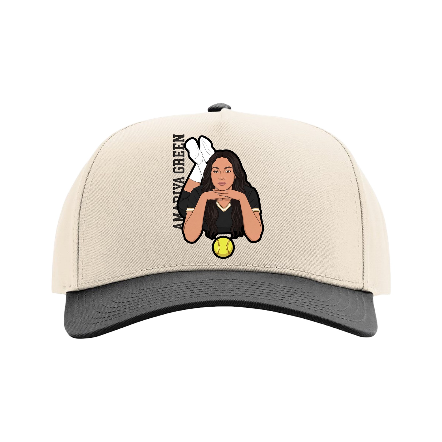 Full Fabric Five-Panel Champ Cap — Name Vertical in Cream/Black