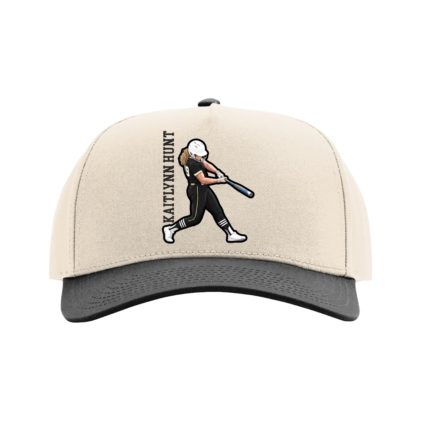 Full Fabric Five-Panel Champ Cap — Name Vertical in Cream/Black