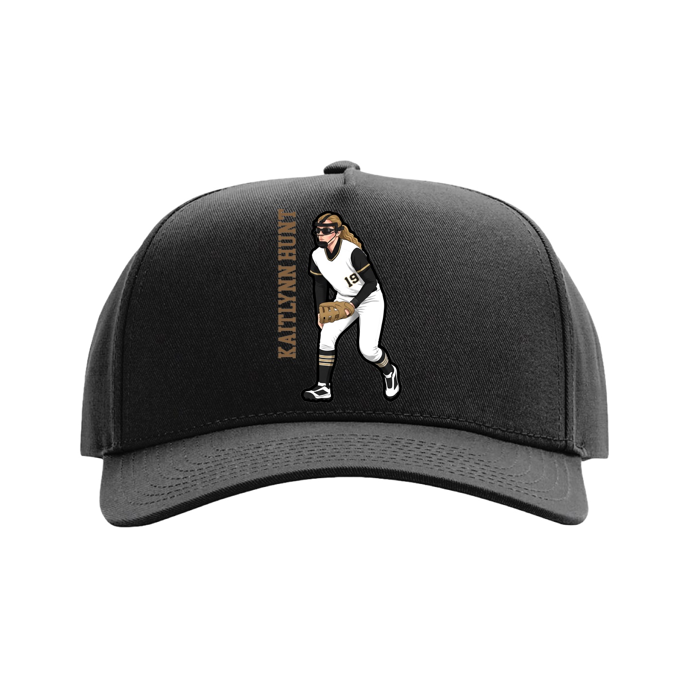 Full Fabric Five-Panel Champ Cap — Name Vertical in Black