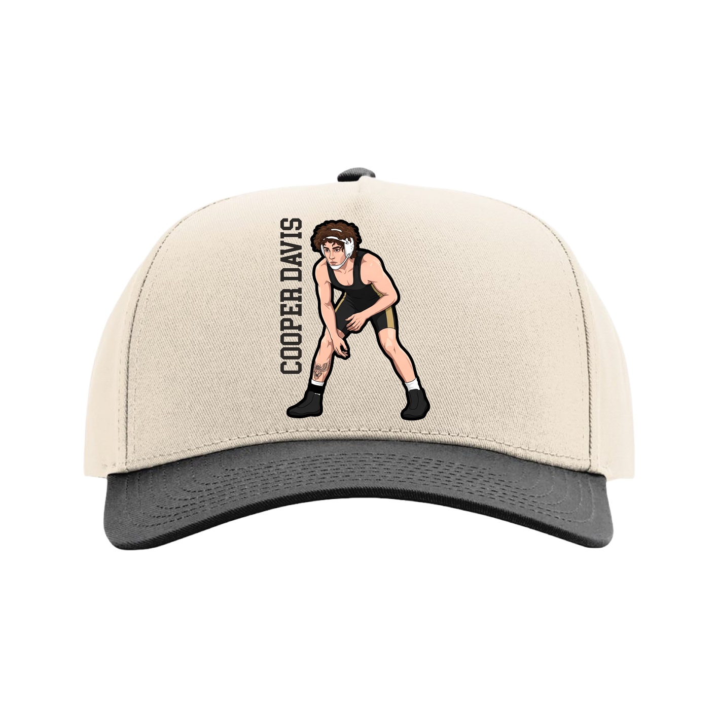 Full Fabric Five-Panel Champ Cap — Name Vertical in Cream/Black