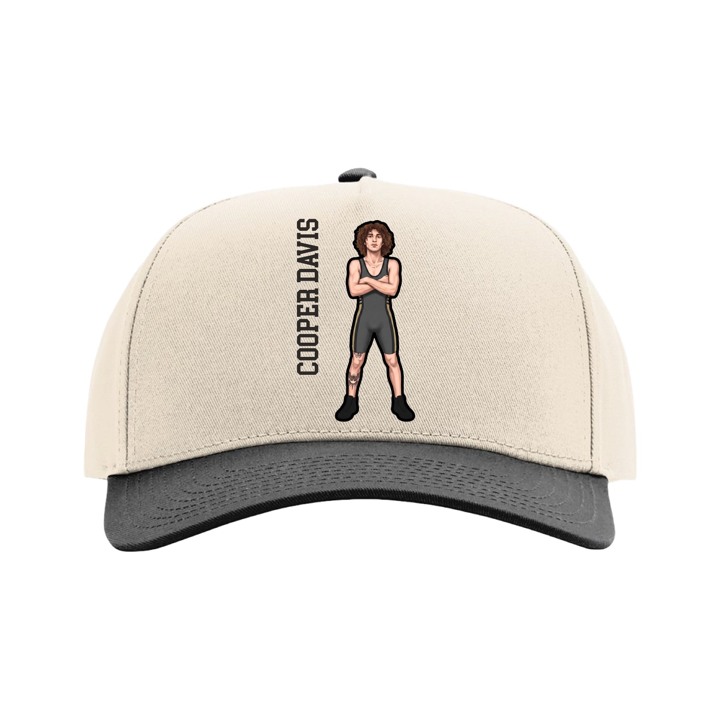 Full Fabric Five-Panel Champ Cap — Name Vertical in Cream/Black