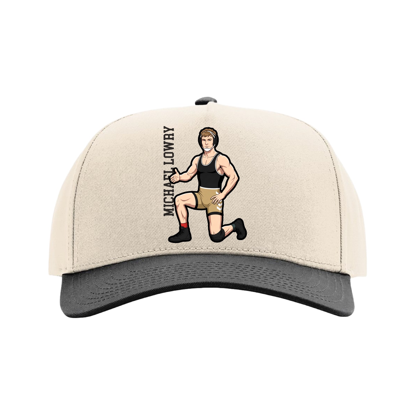 Full Fabric Five-Panel Champ Cap — Name Vertical in Cream/Black