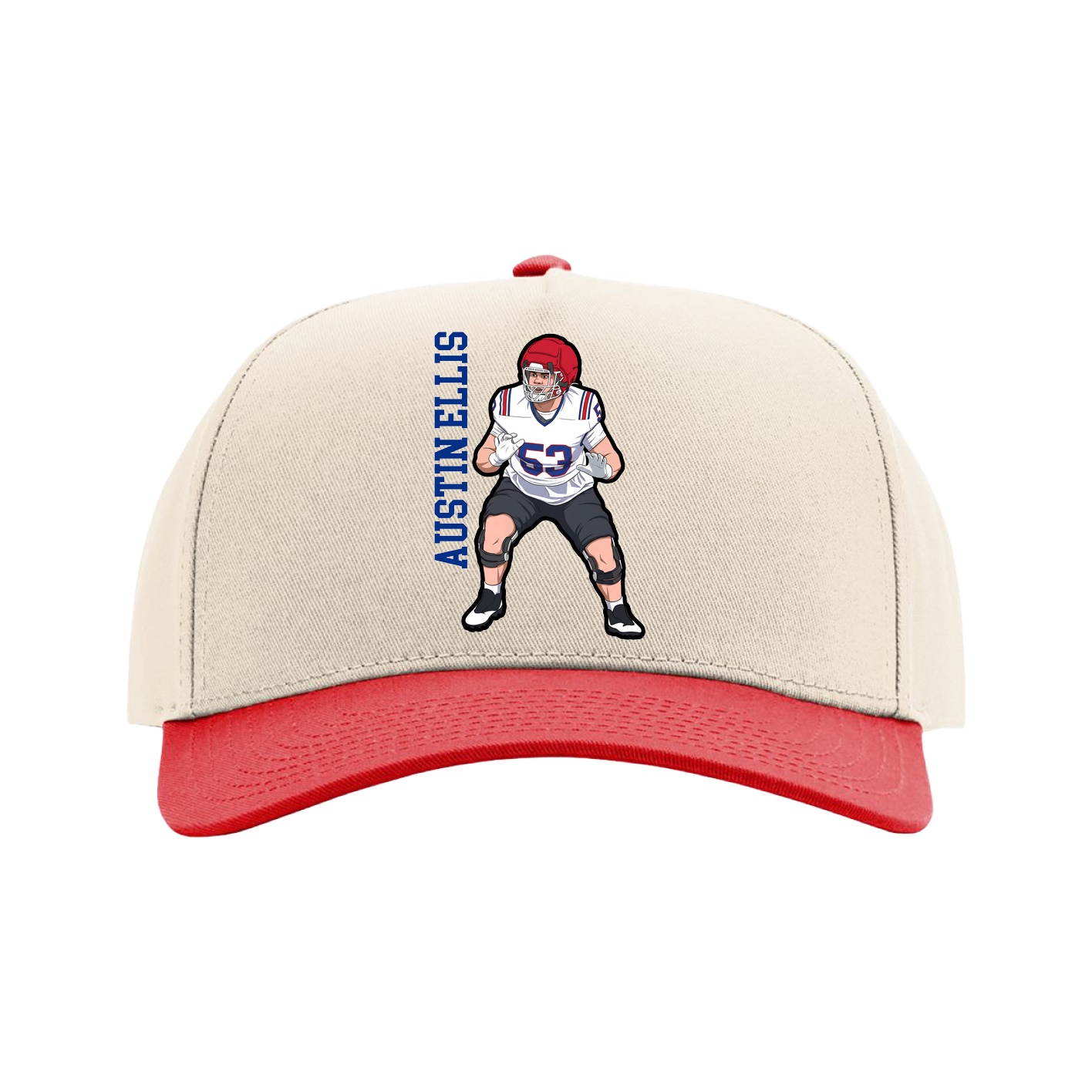 Full Fabric Five-Panel Champ Cap — Name Vertical in Cream/Red