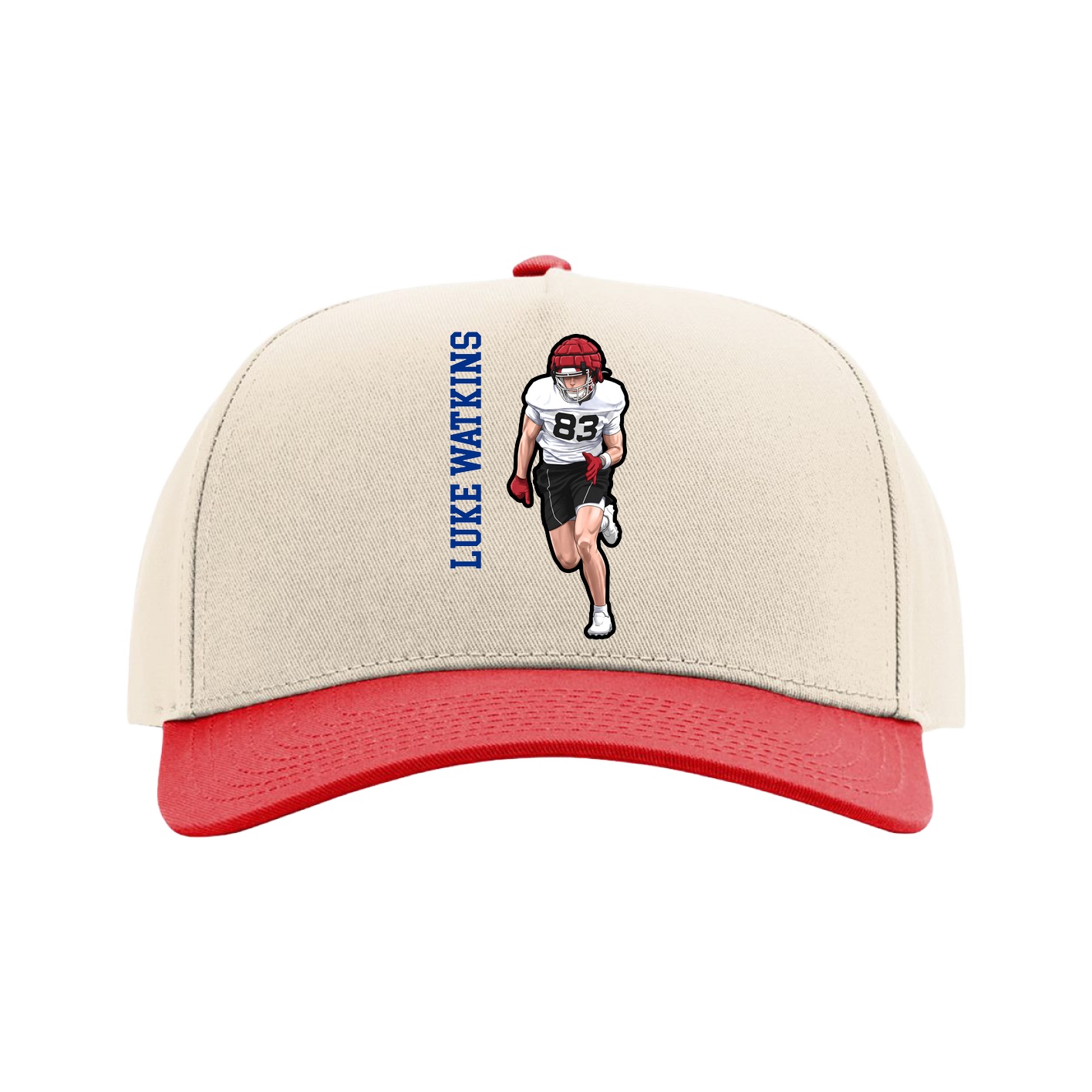 Full Fabric Five-Panel Champ Cap — Name Vertical in Cream/Red