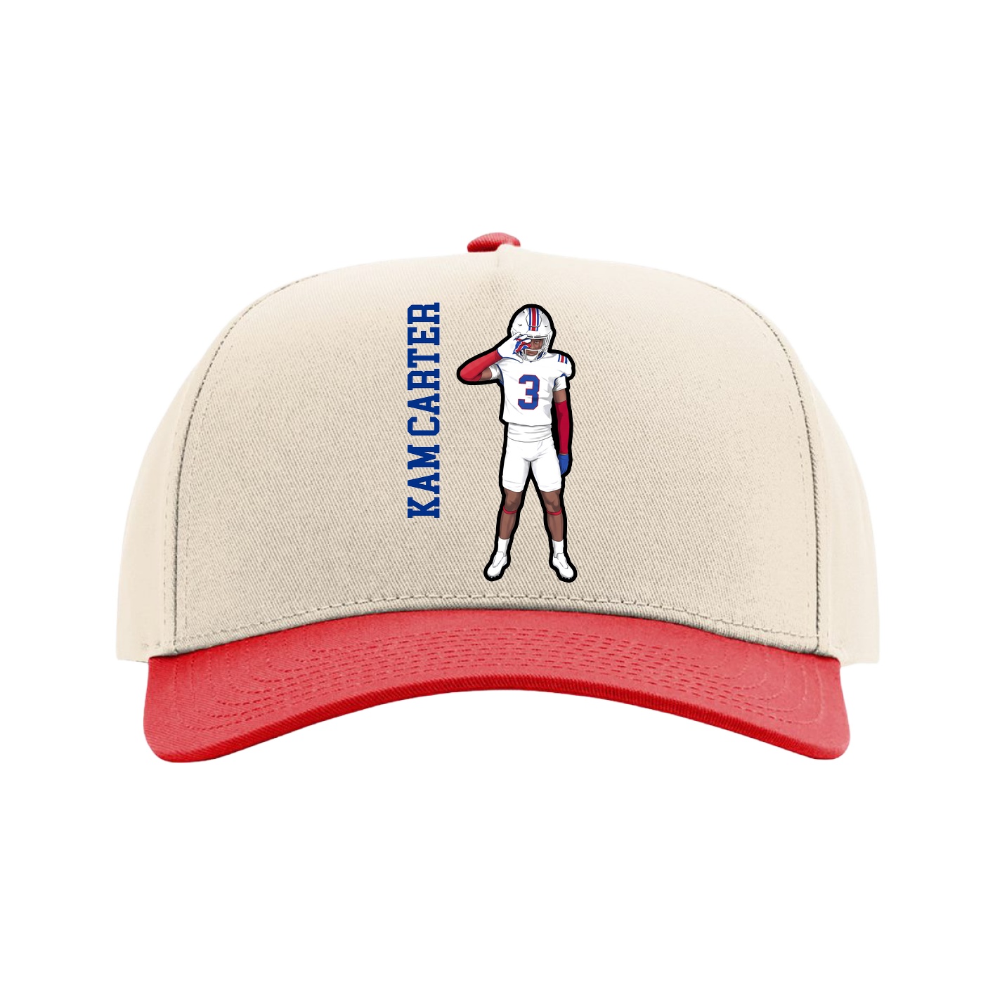 Full Fabric Five-Panel Champ Cap — Name Vertical in Cream/Red
