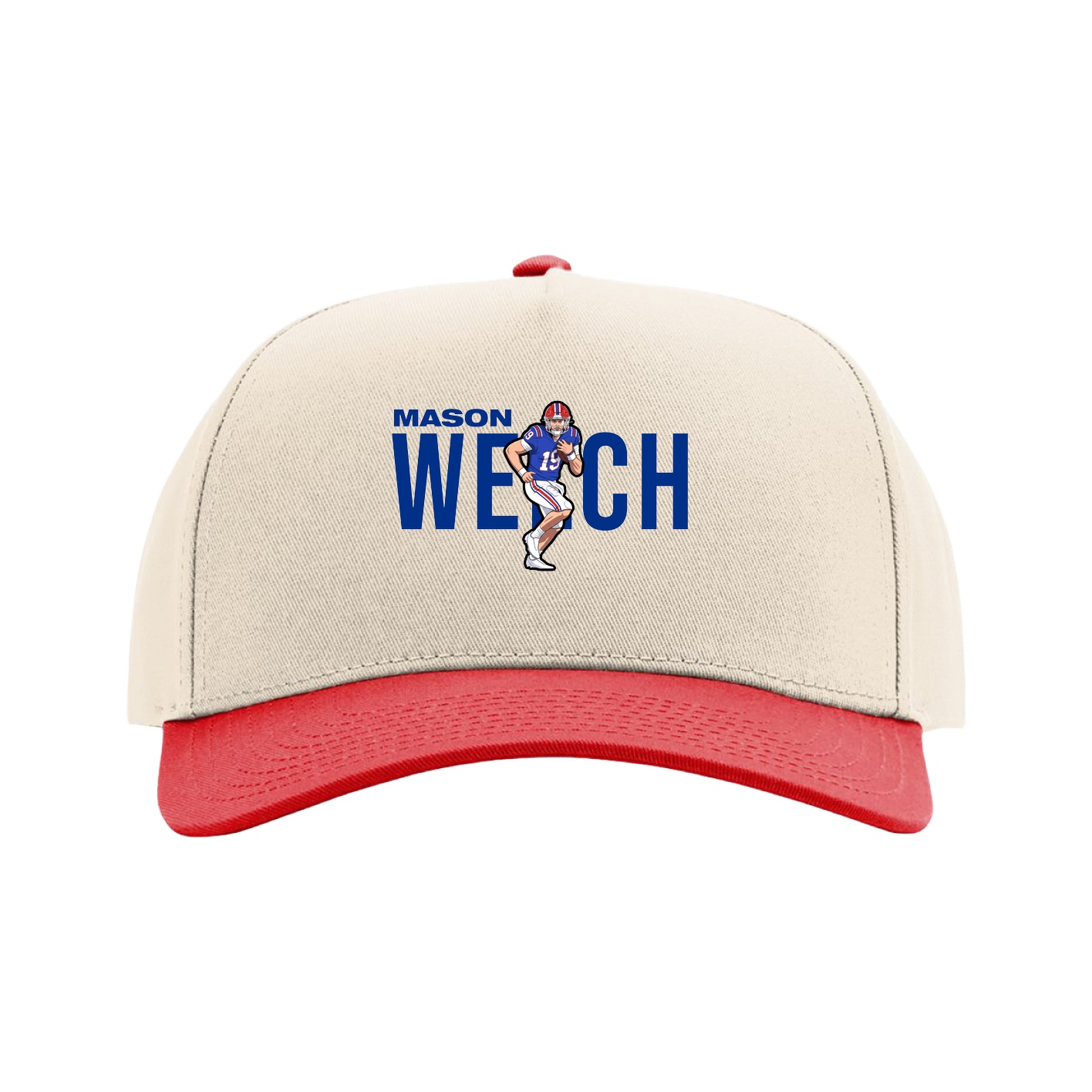 Full Fabric Five-Panel Champ Cap — Player Name in Cream/Red