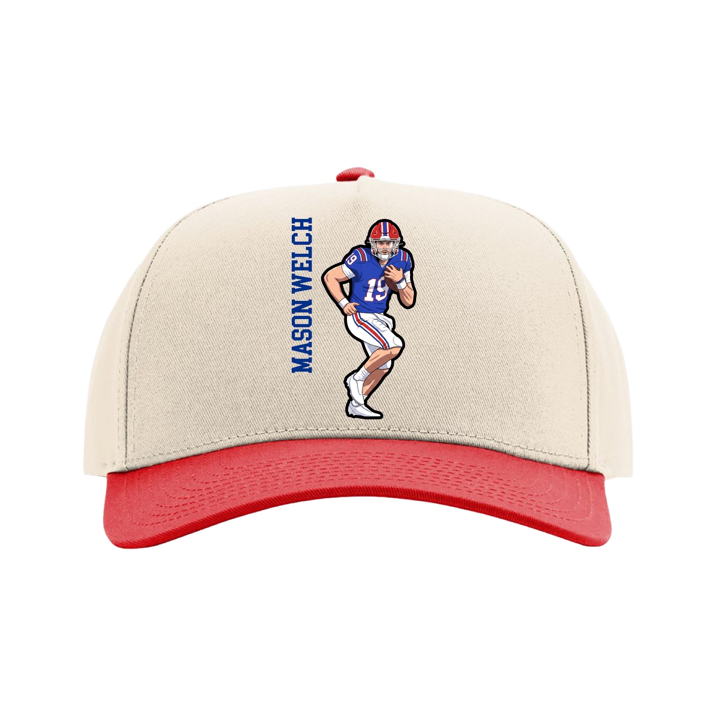 Full Fabric Five-Panel Champ Cap — Name Vertical in Cream/Red