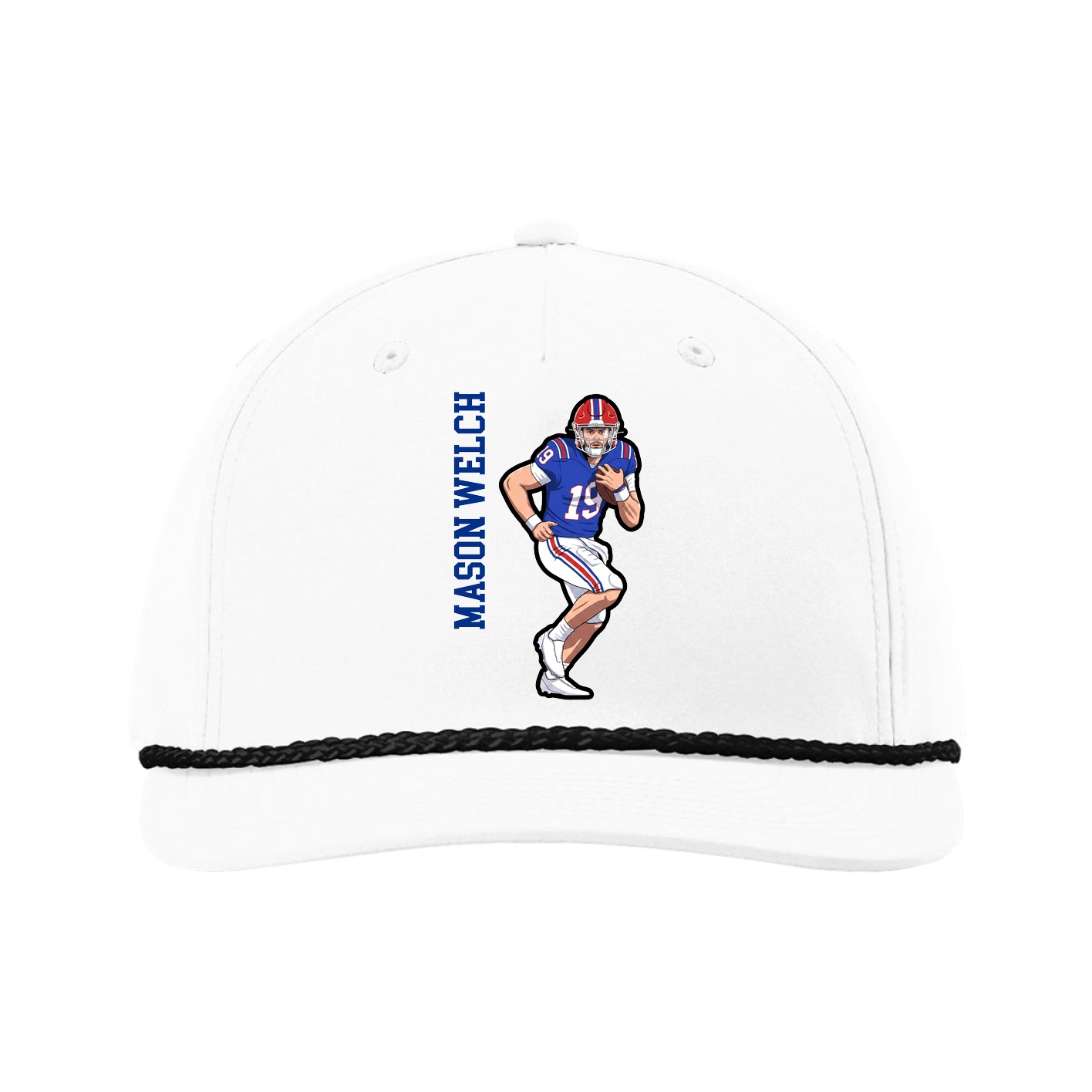Five-Panel Classic Rope Cap — Name Vertical in White