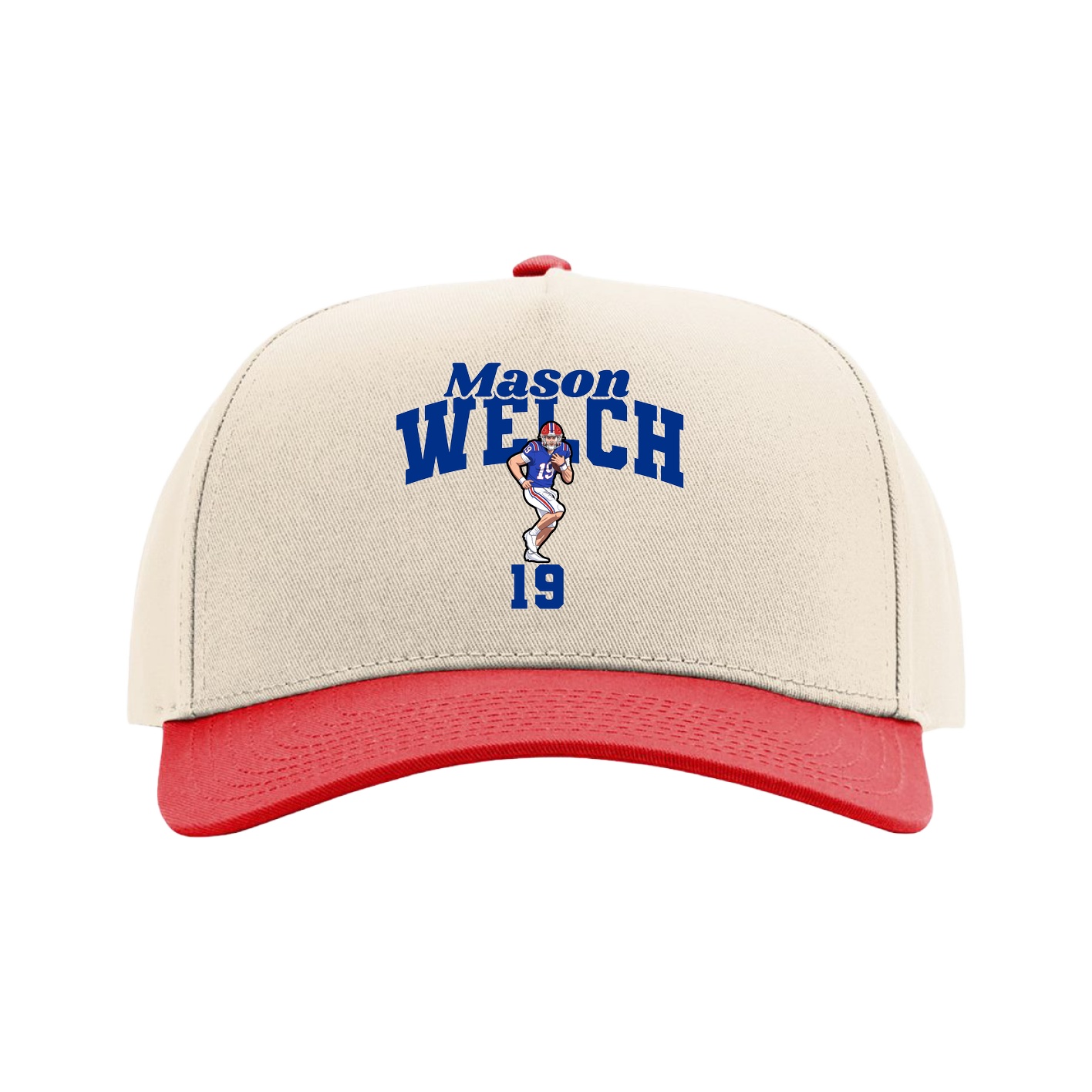 Full Fabric Five-Panel Champ Cap — Signature Arch in Cream/Red