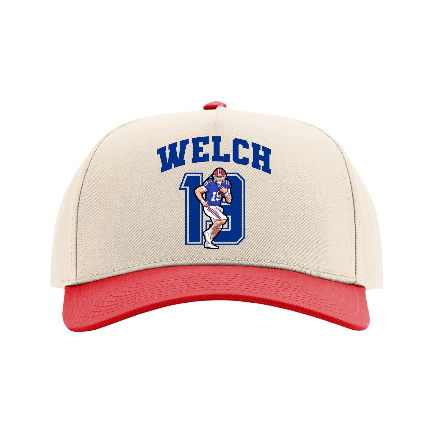 Full Fabric Five-Panel Champ Cap — Number in Cream/Red