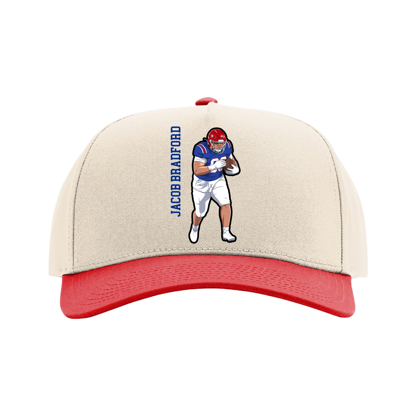 Full Fabric Five-Panel Champ Cap — Name Vertical in Cream/Red