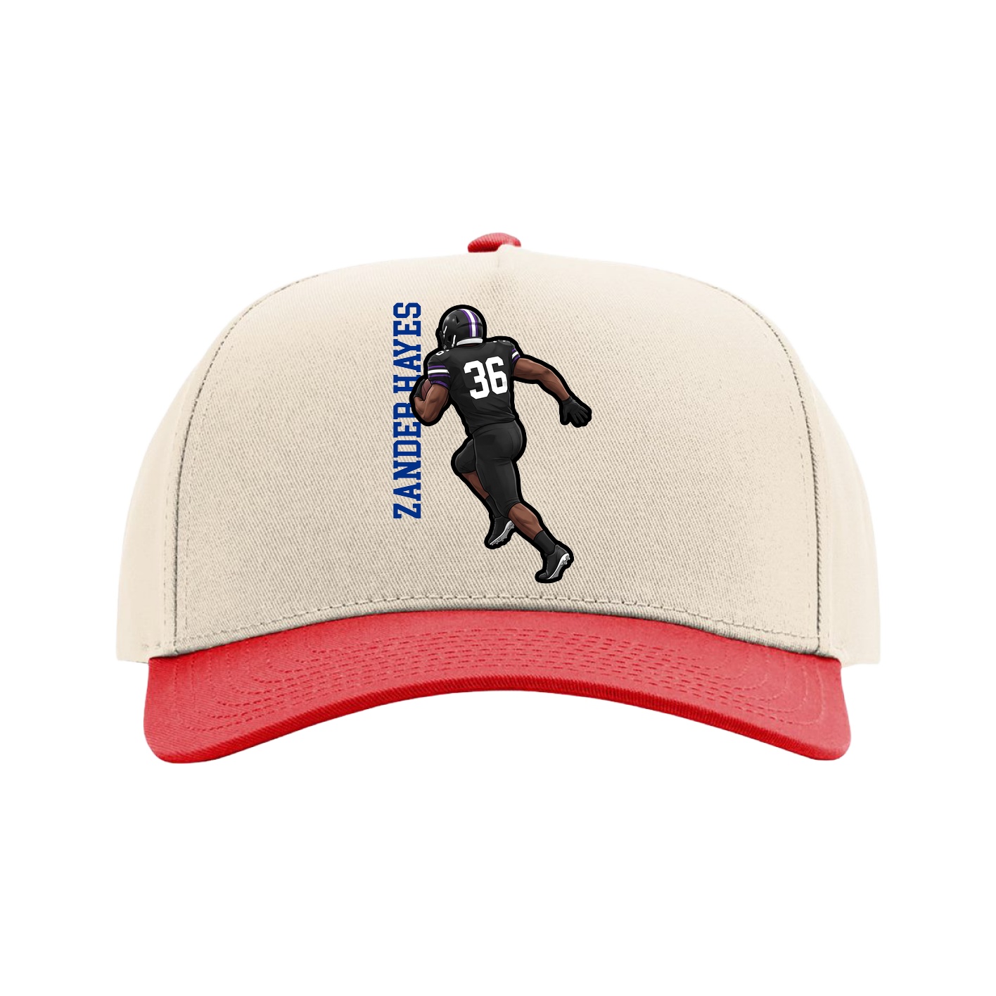 Full Fabric Five-Panel Champ Cap — Name Vertical in Cream/Red
