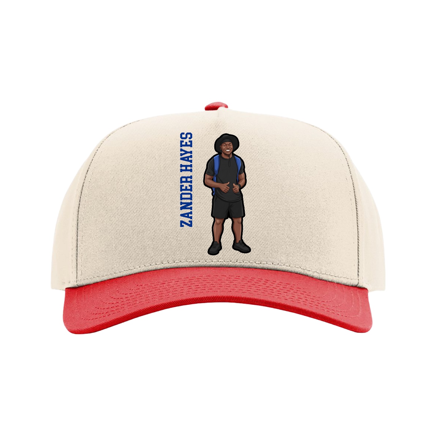Full Fabric Five-Panel Champ Cap — Name Vertical in Cream/Red
