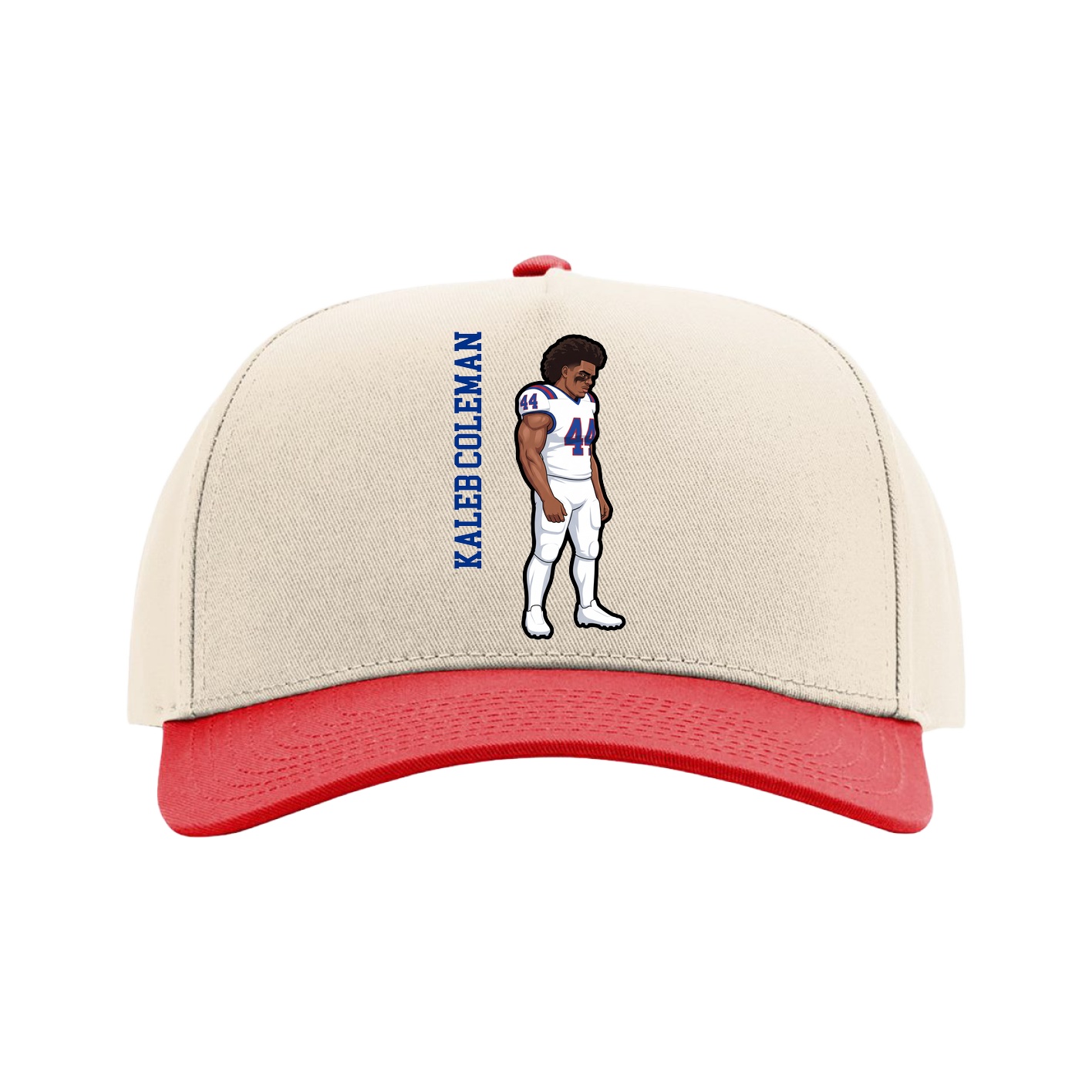 Full Fabric Five-Panel Champ Cap — Name Vertical in Cream/Red