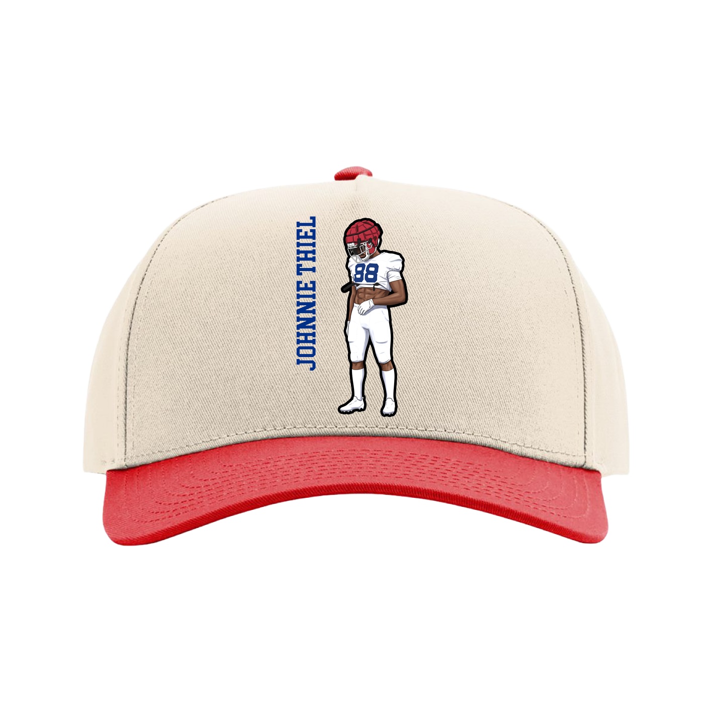 Full Fabric Five-Panel Champ Cap — Name Vertical in Cream/Red