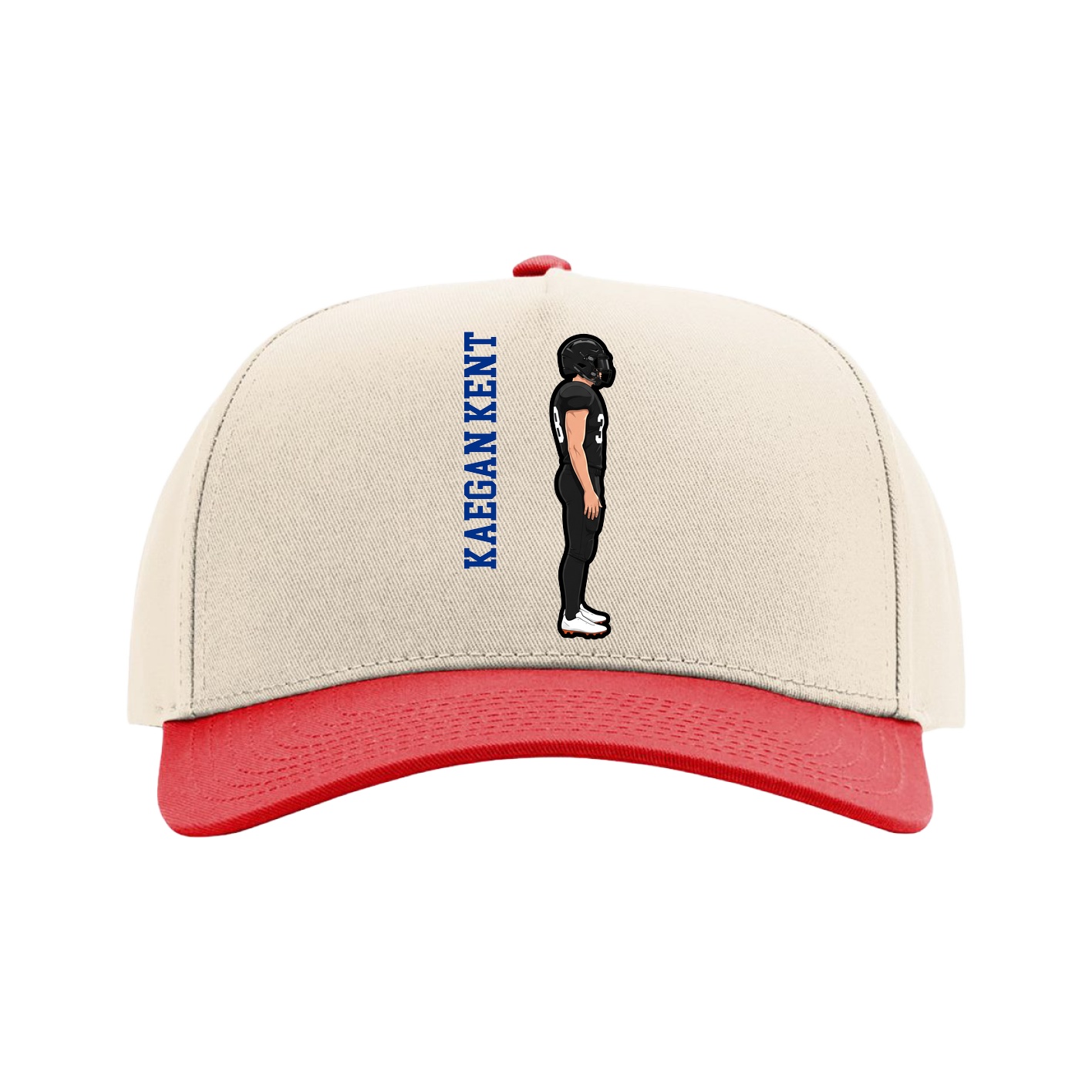 Full Fabric Five-Panel Champ Cap — Name Vertical in Cream/Red