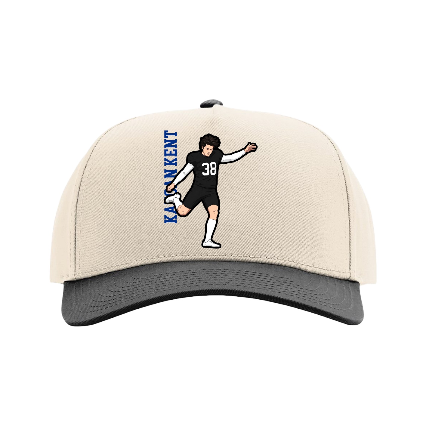 Full Fabric Five-Panel Champ Cap — Name Vertical in Cream/Black