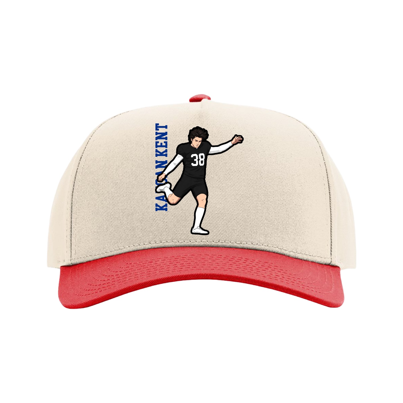 Full Fabric Five-Panel Champ Cap — Name Vertical in Cream/Red