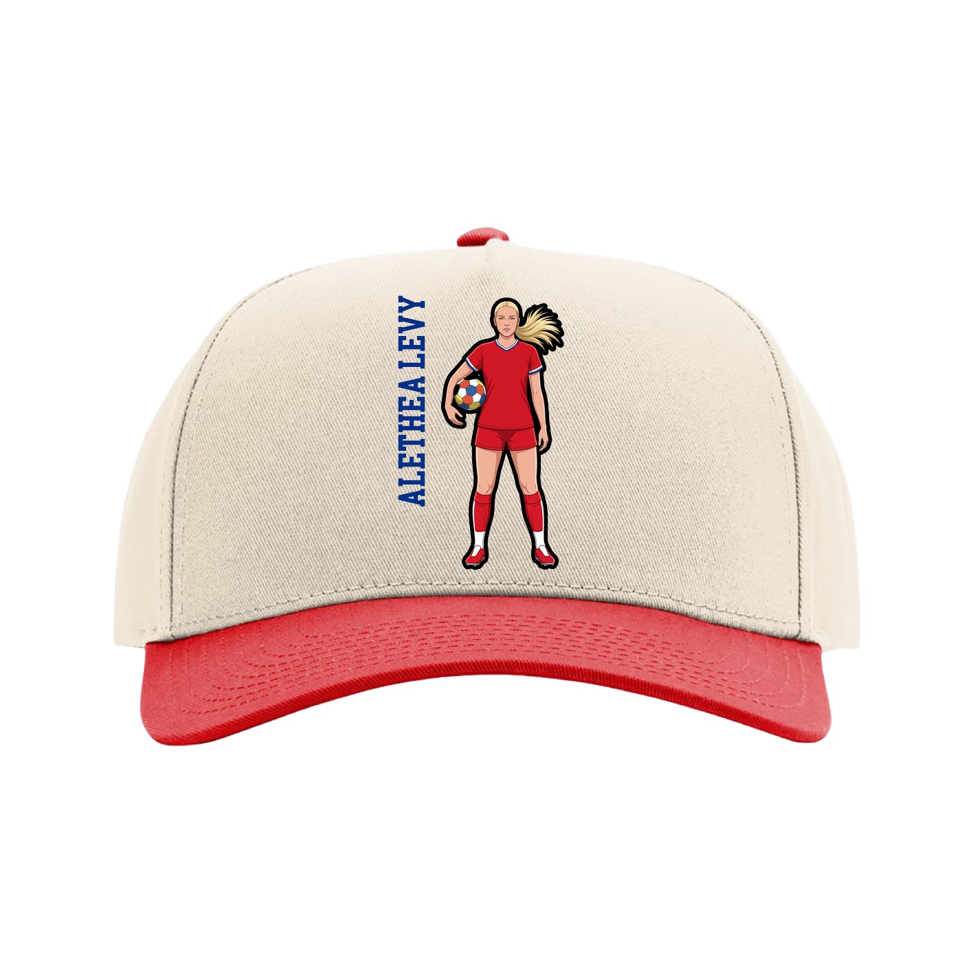 Full Fabric Five-Panel Champ Cap — Name Vertical in Cream/Red