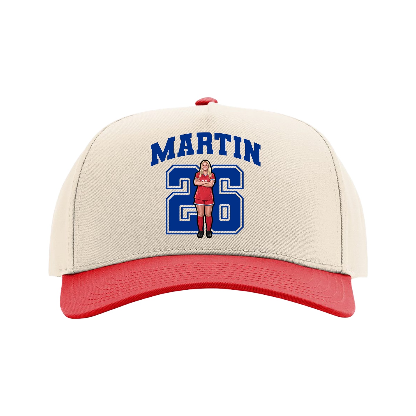 Full Fabric Five-Panel Champ Cap — Number in Cream/Red