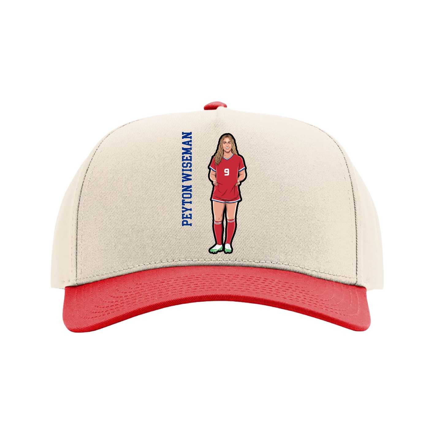 Full Fabric Five-Panel Champ Cap — Name Vertical in Cream/Red