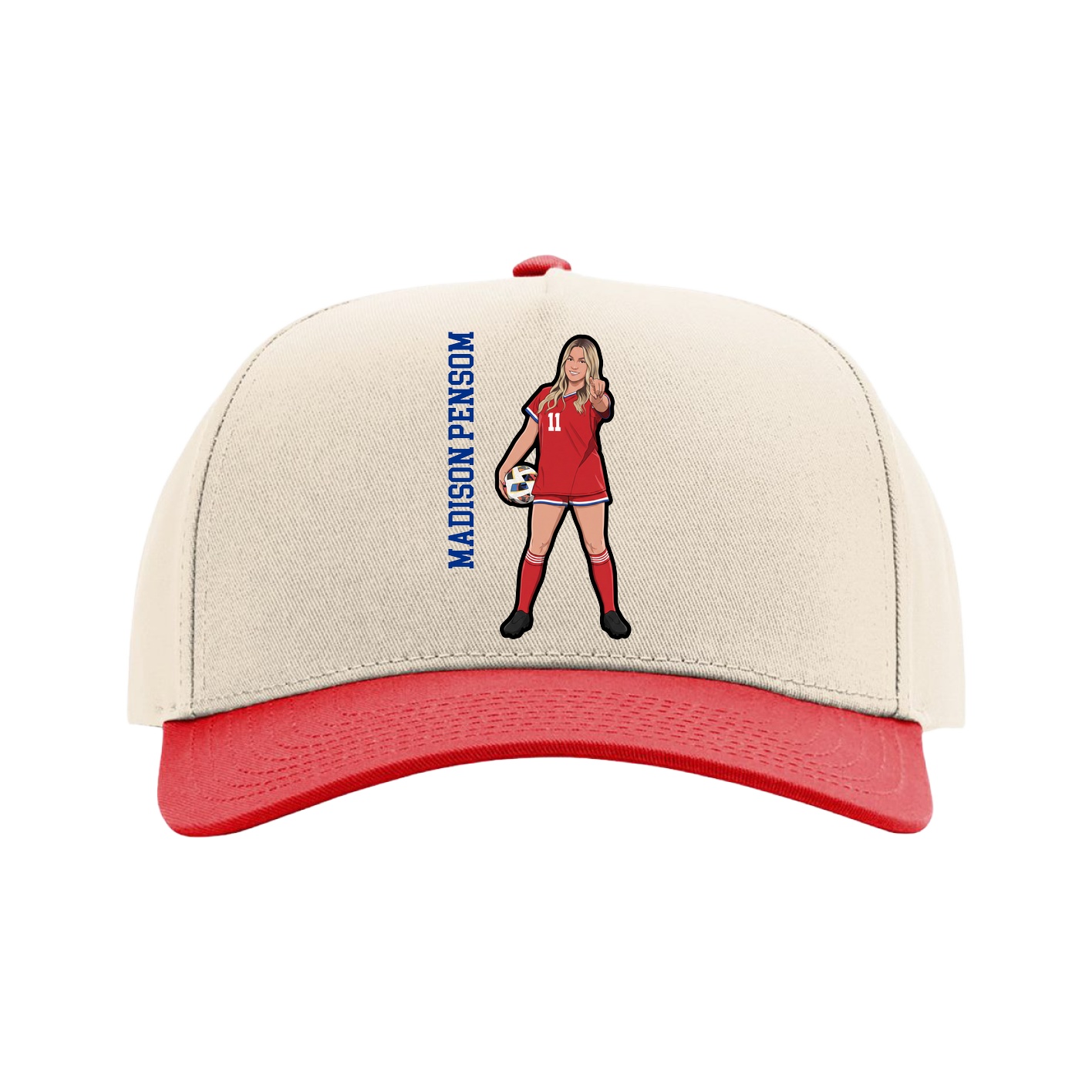 Full Fabric Five-Panel Champ Cap — Name Vertical in Cream/Red