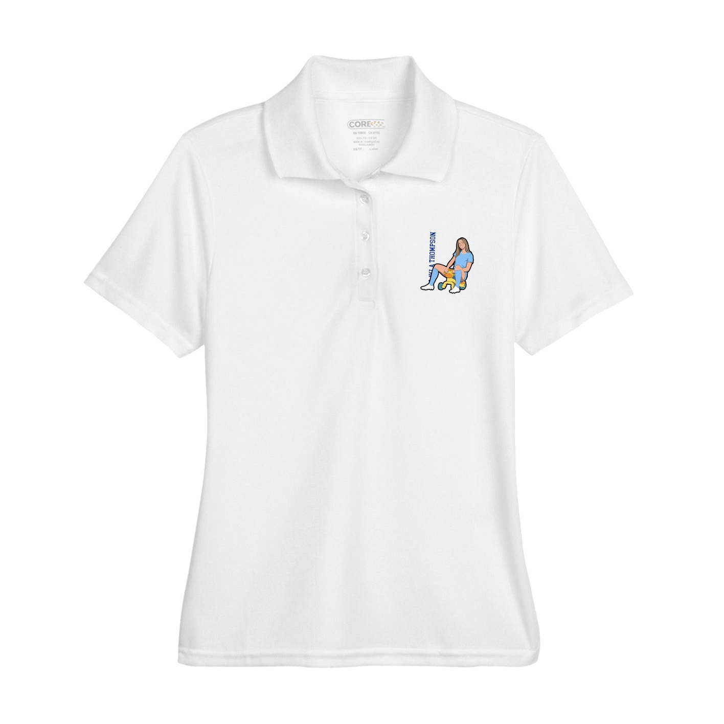 Womens Performance Polo — Name Vertical in White