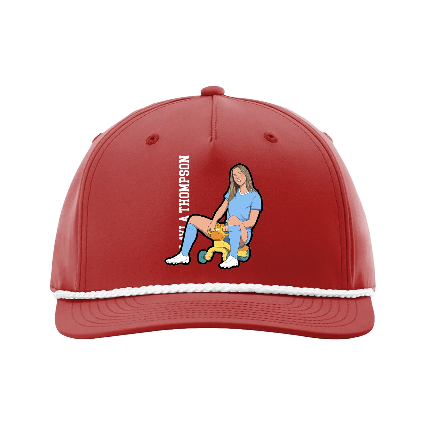 Five-Panel Classic Rope Cap — Name Vertical in Red