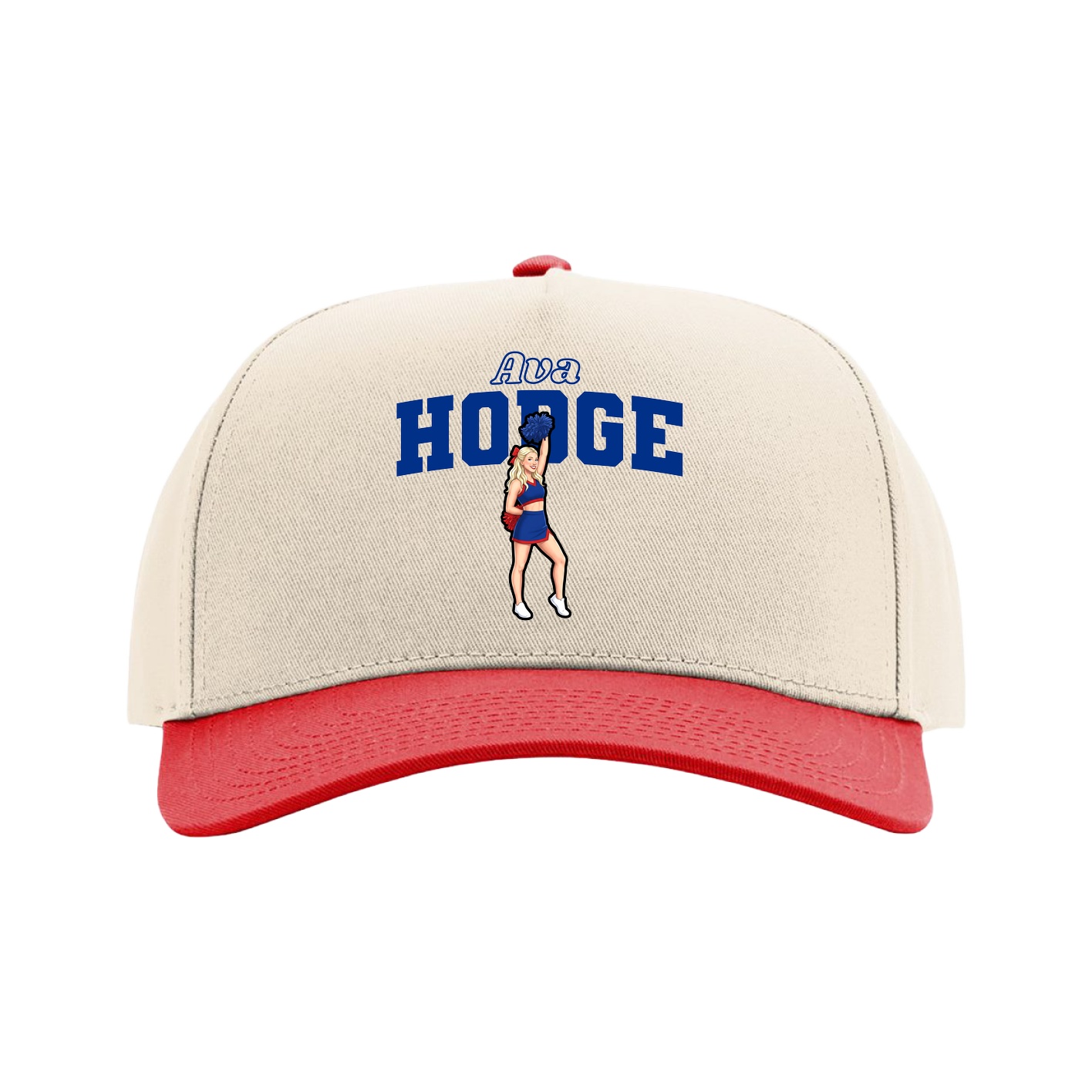 Full Fabric Five-Panel Champ Cap — Name Arch in Cream/Red