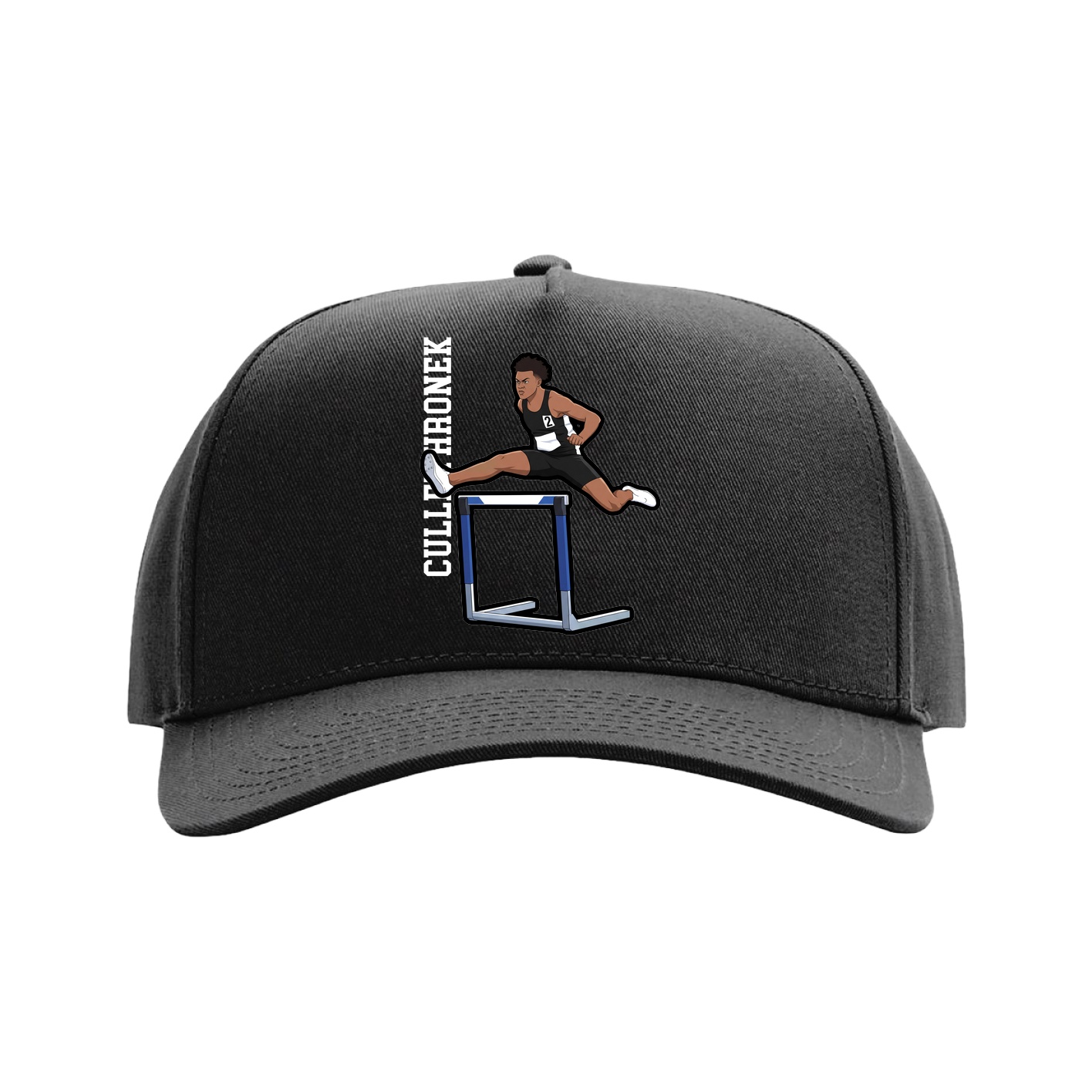 Full Fabric Five-Panel Champ Cap — Name Vertical in Black