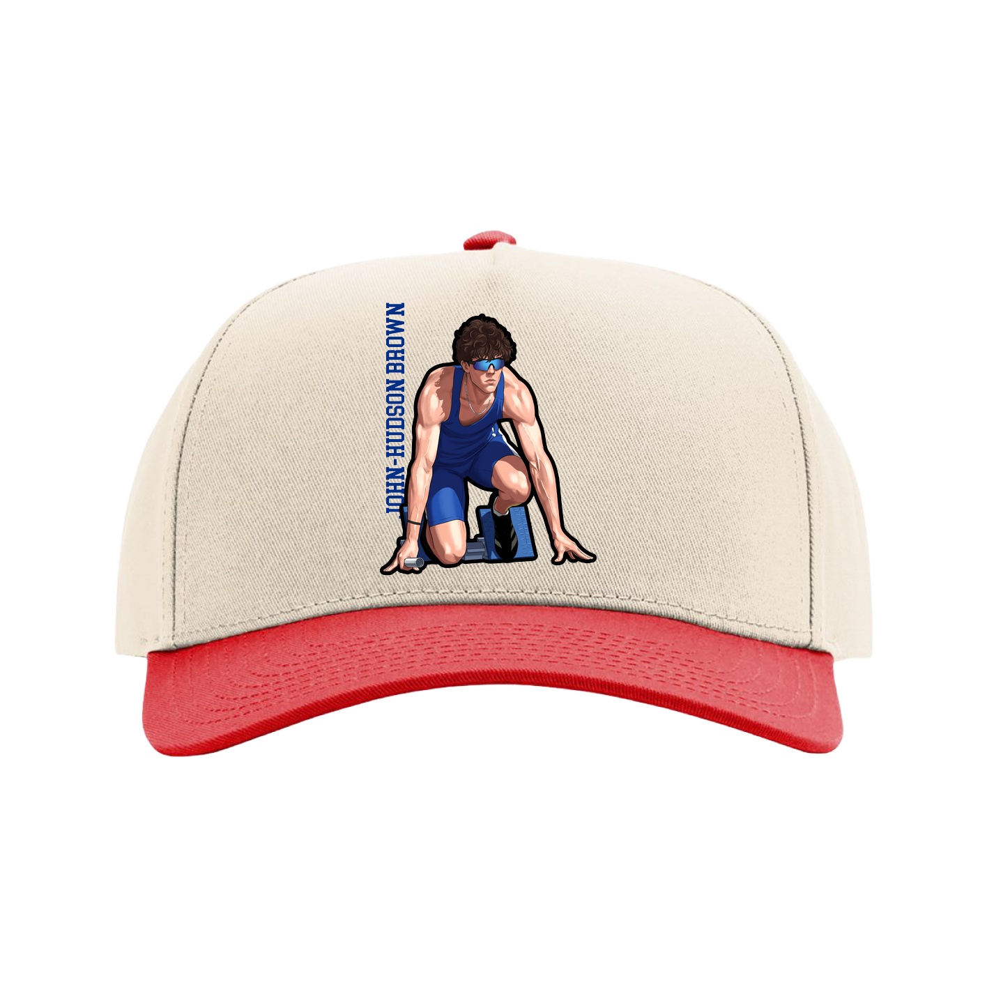 Full Fabric Five-Panel Champ Cap — Name Vertical in Cream/Red