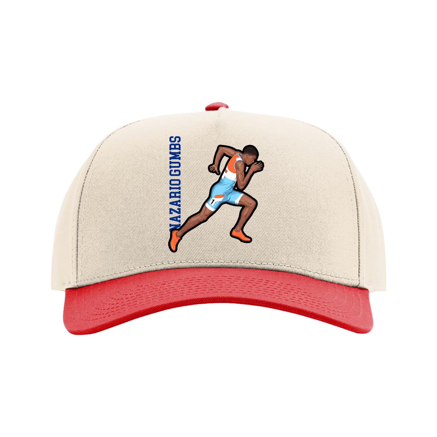 Full Fabric Five-Panel Champ Cap — Name Vertical in Cream/Red