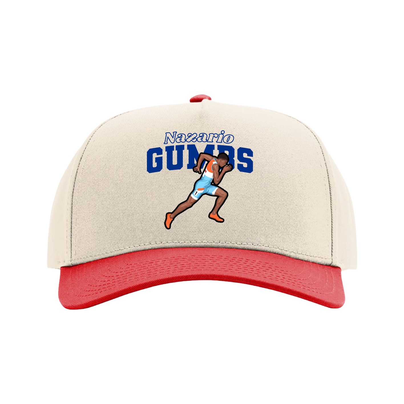 Full Fabric Five-Panel Champ Cap — Name Arch in Cream/Red