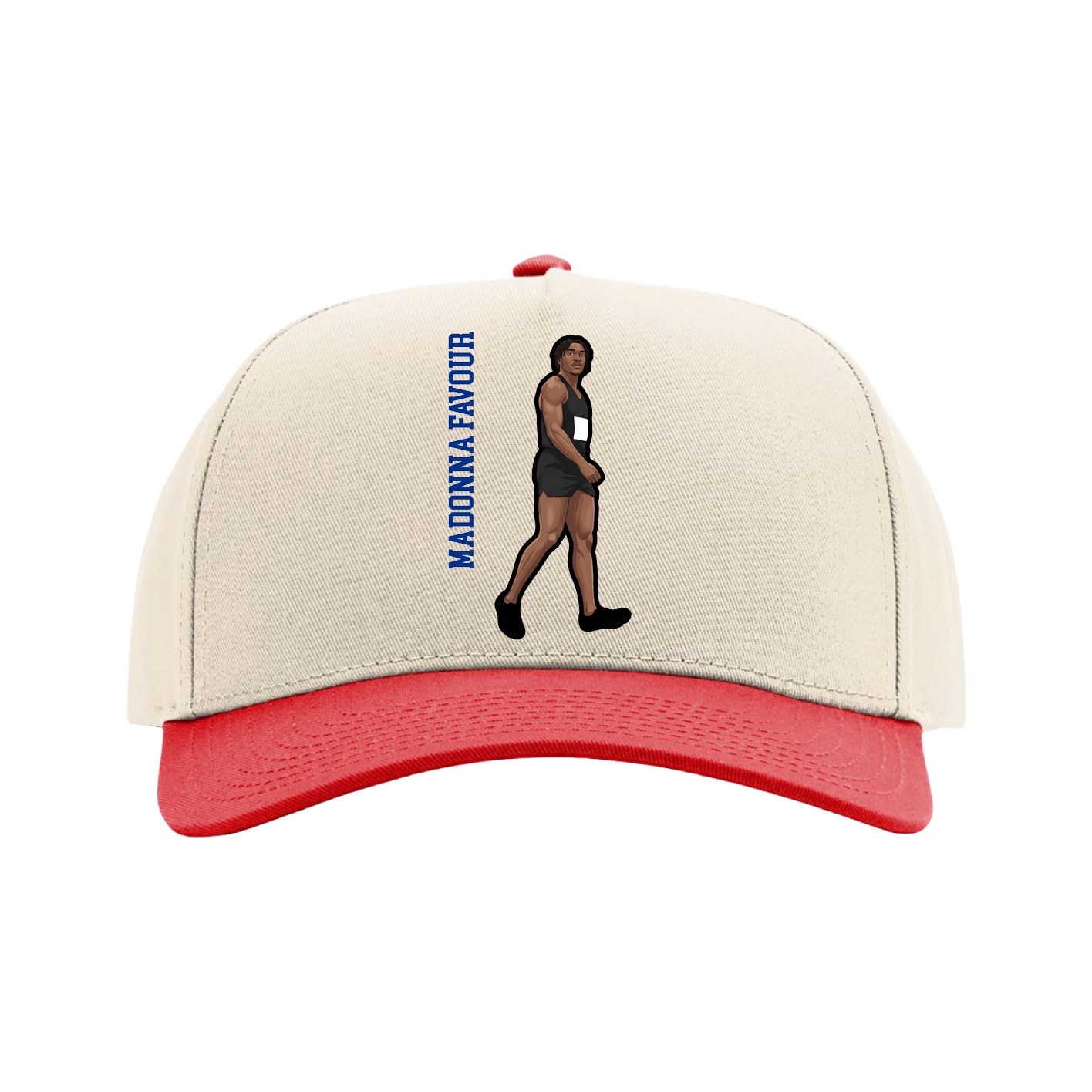 Full Fabric Five-Panel Champ Cap — Name Vertical in Cream/Red