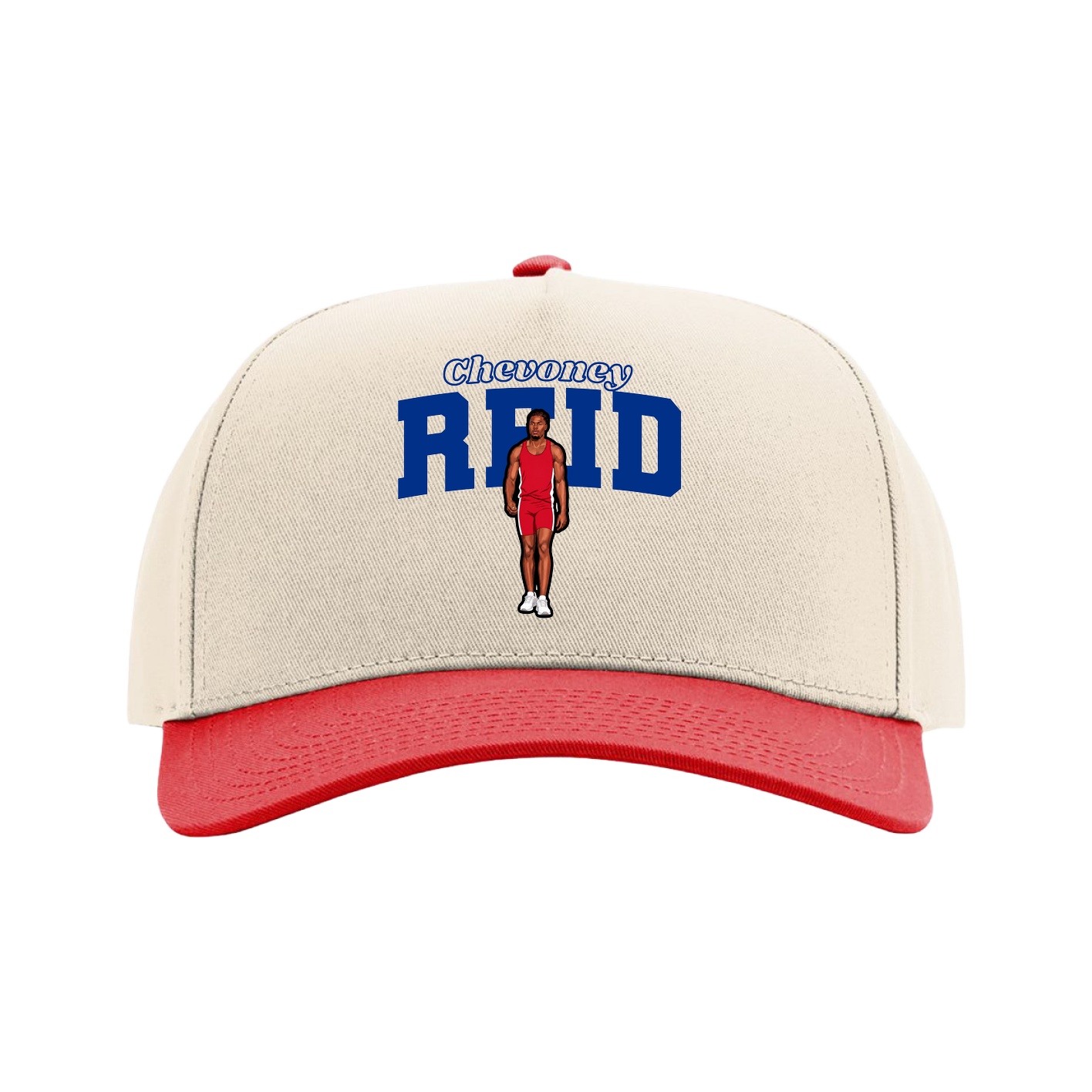 Full Fabric Five-Panel Champ Cap — Name Arch in Cream/Red
