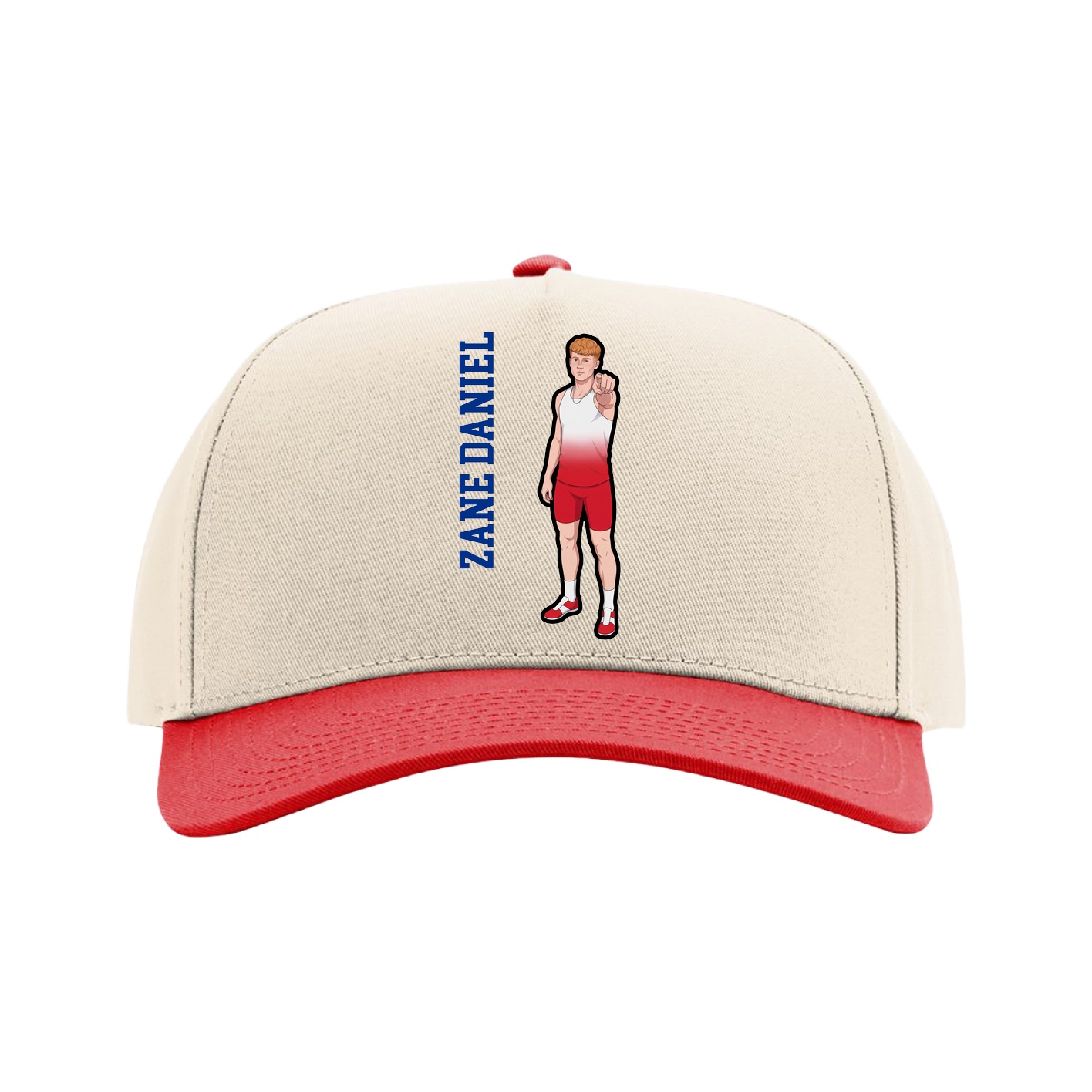 Full Fabric Five-Panel Champ Cap — Name Vertical in Cream/Red