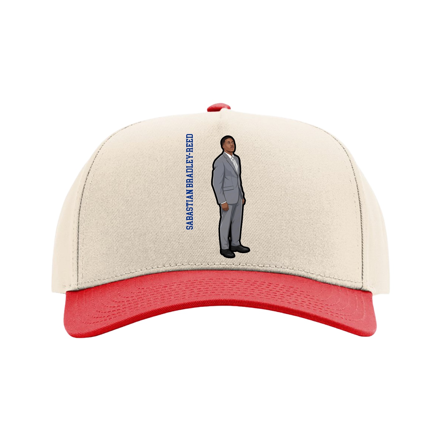 Full Fabric Five-Panel Champ Cap — Name Vertical in Cream/Red