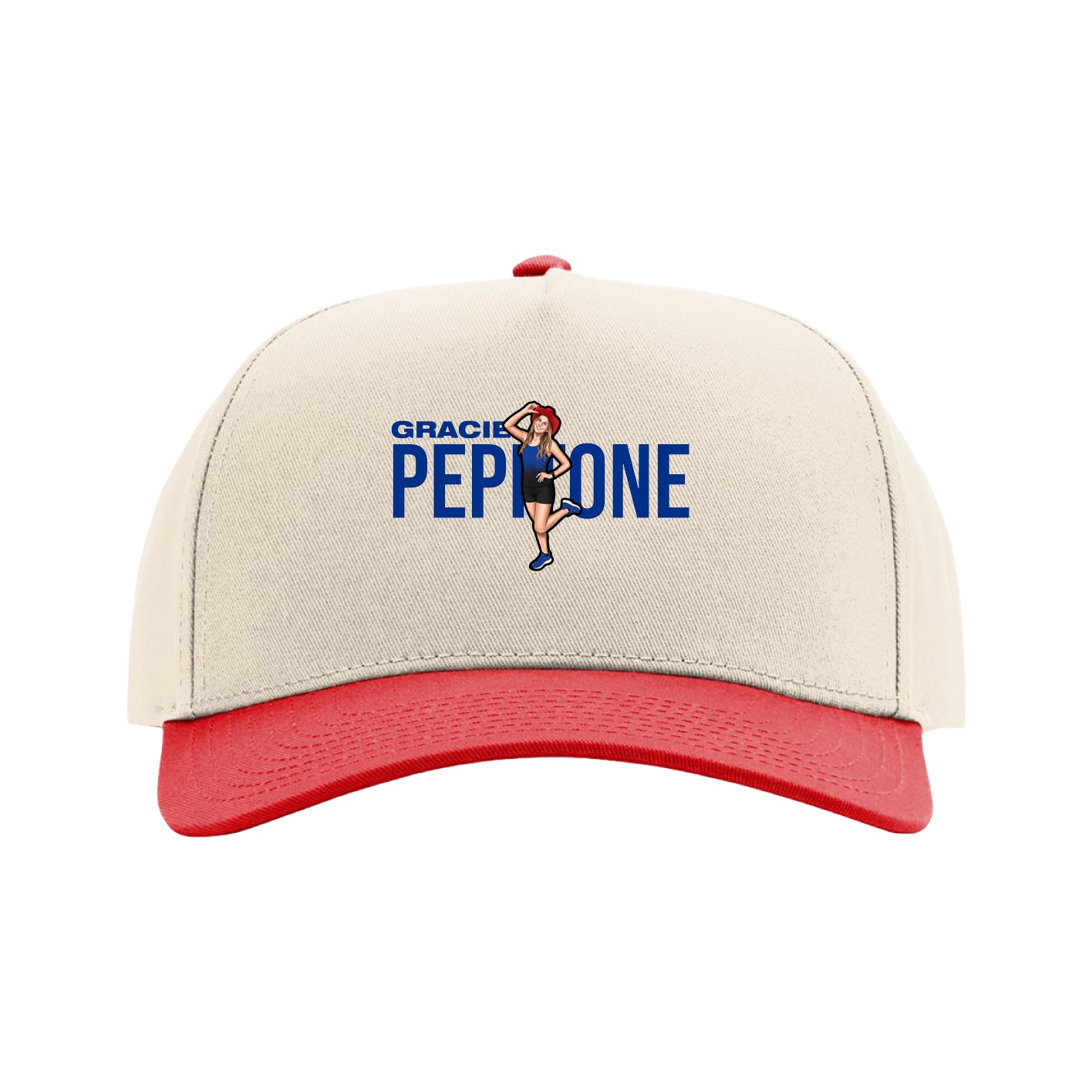 Full Fabric Five-Panel Champ Cap — Player Name in Cream/Red