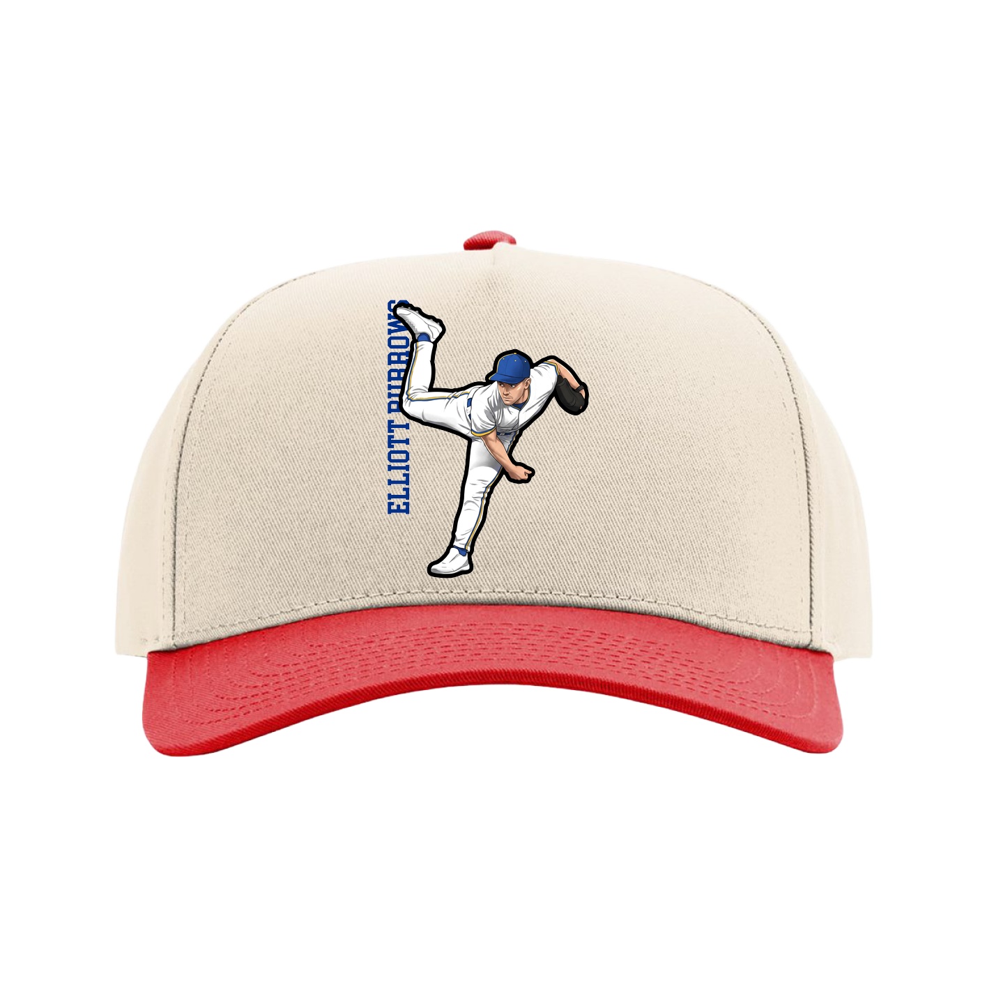 Full Fabric Five-Panel Champ Cap — Name Vertical in Cream/Red