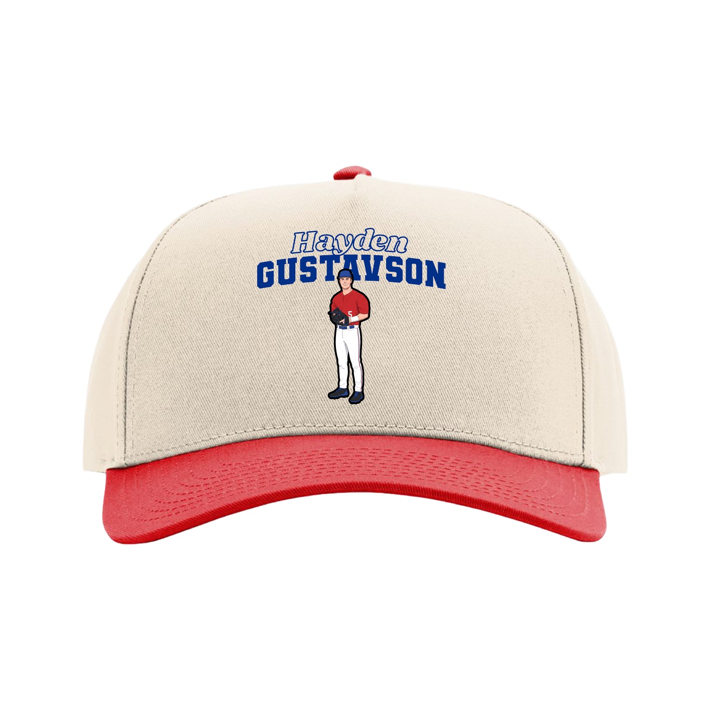 Full Fabric Five-Panel Champ Cap — Name Arch in Cream/Red