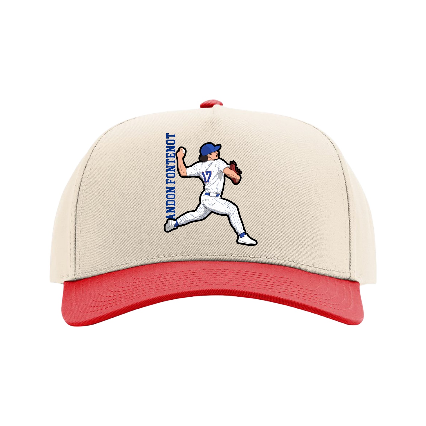 Full Fabric Five-Panel Champ Cap — Name Vertical in Cream/Red